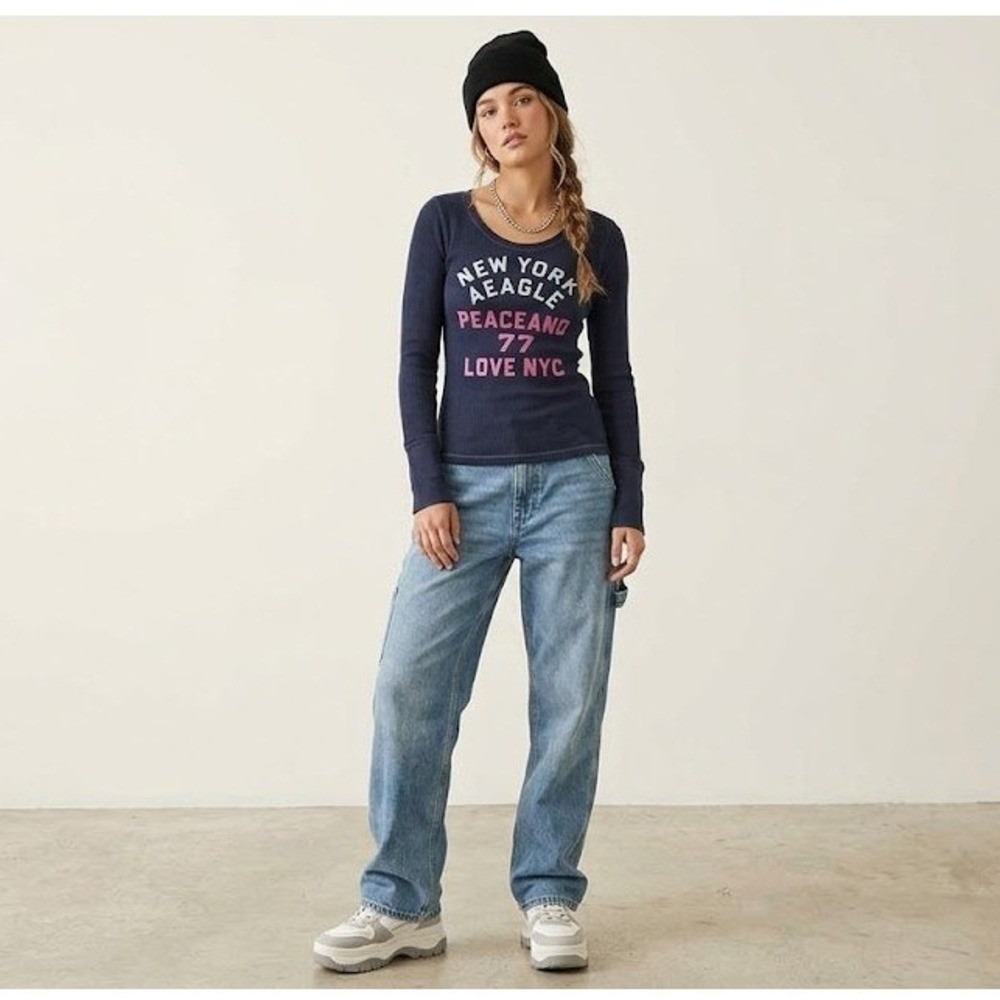 American Eagle Y2K Thermal Top Womens S Navy Waffle Knit Graphic NYC Long Sleeve